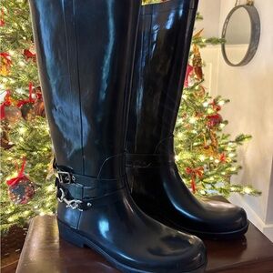 Coach Glossy Black Boots with Logo Detail